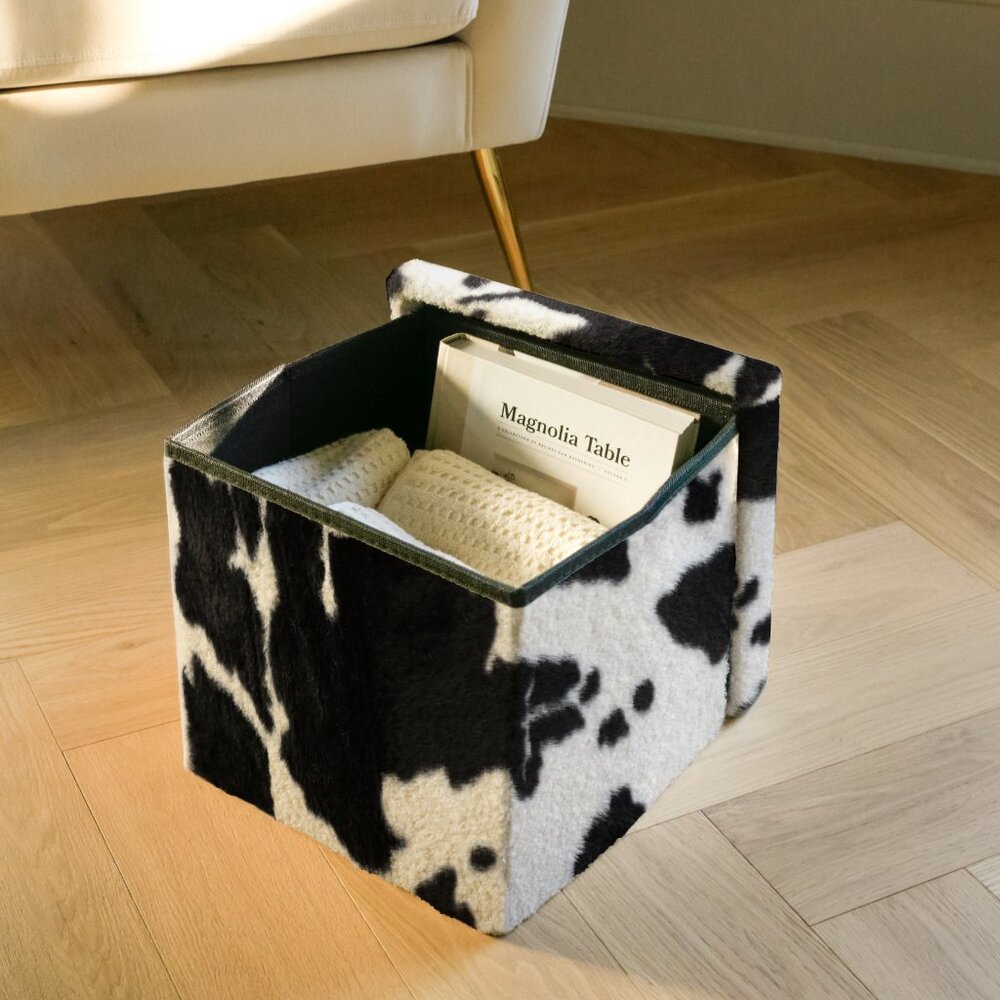 Go-Poufs Knock-Down Small Cube Faux Cowhide Storage Ottoman | 12"x12"x12"